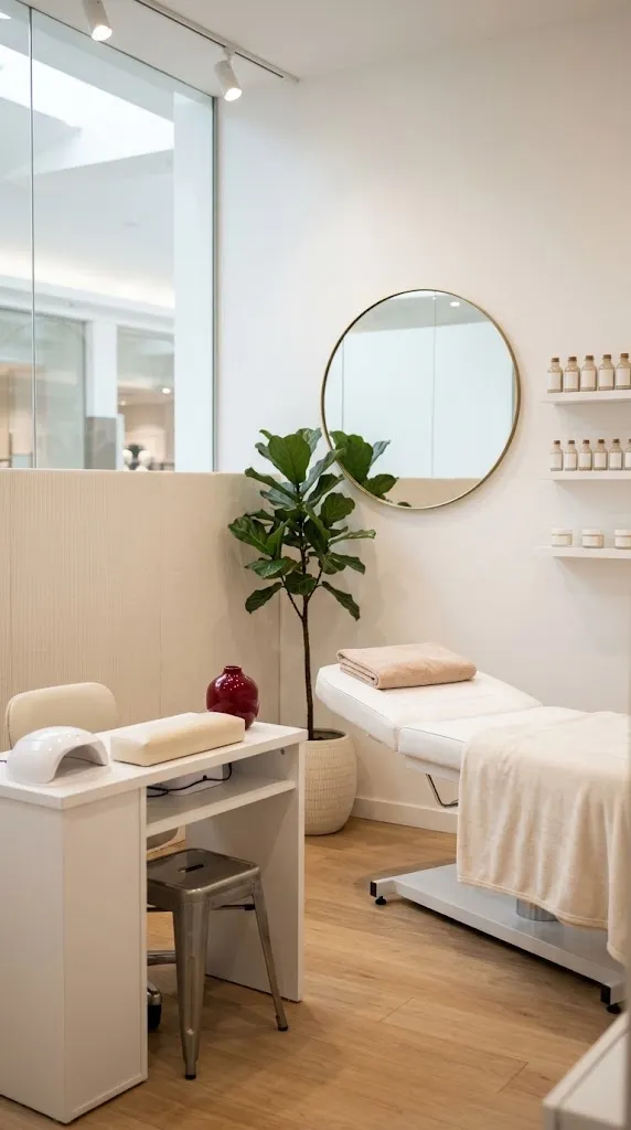 Um gabinete de estética pequeno e luminoso com mesa de unhas, marquesa e uma planta