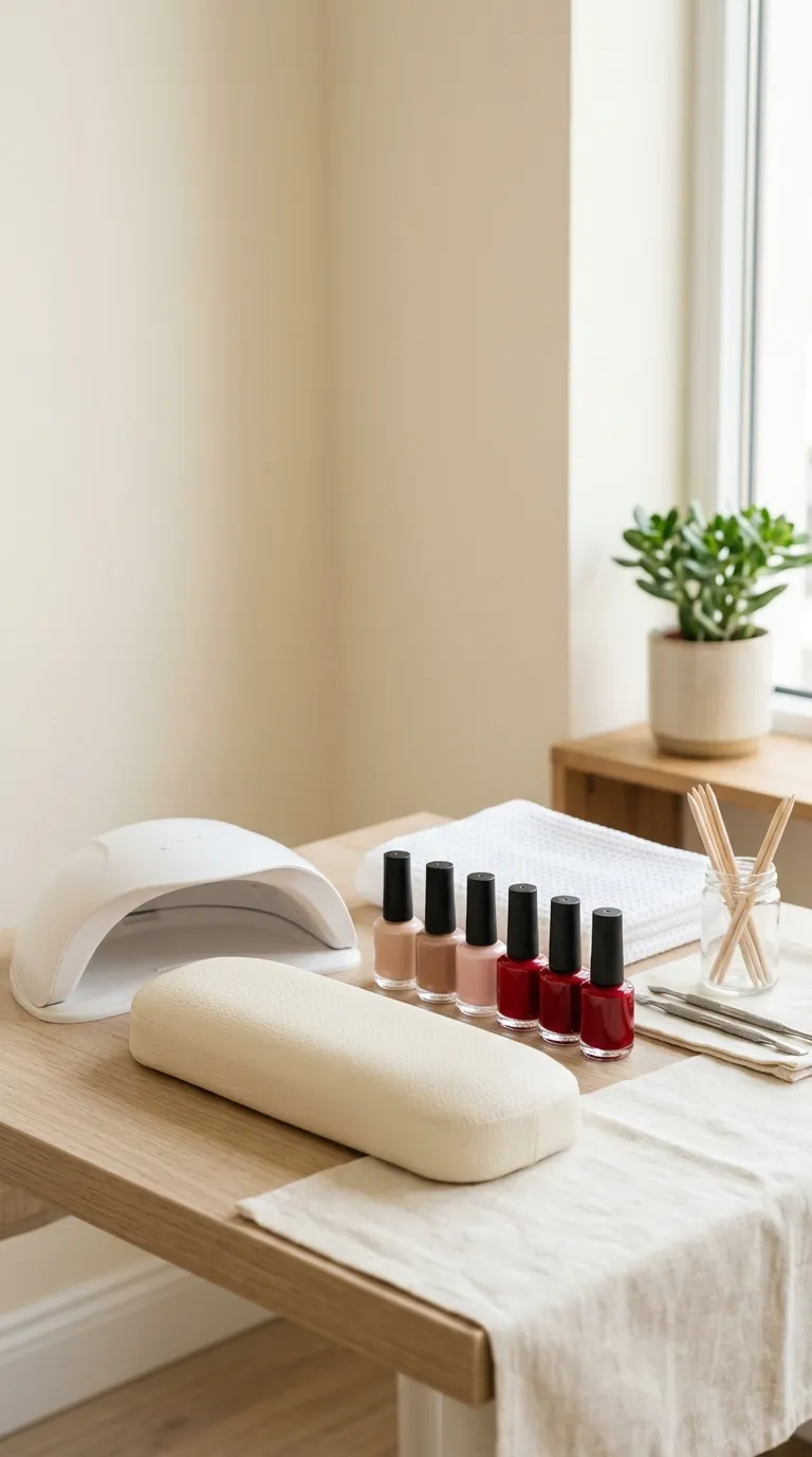 Mesa de unhas com uma lâmpada de gel, frascos de gel cereja e nude e uma toalha branca dobrada