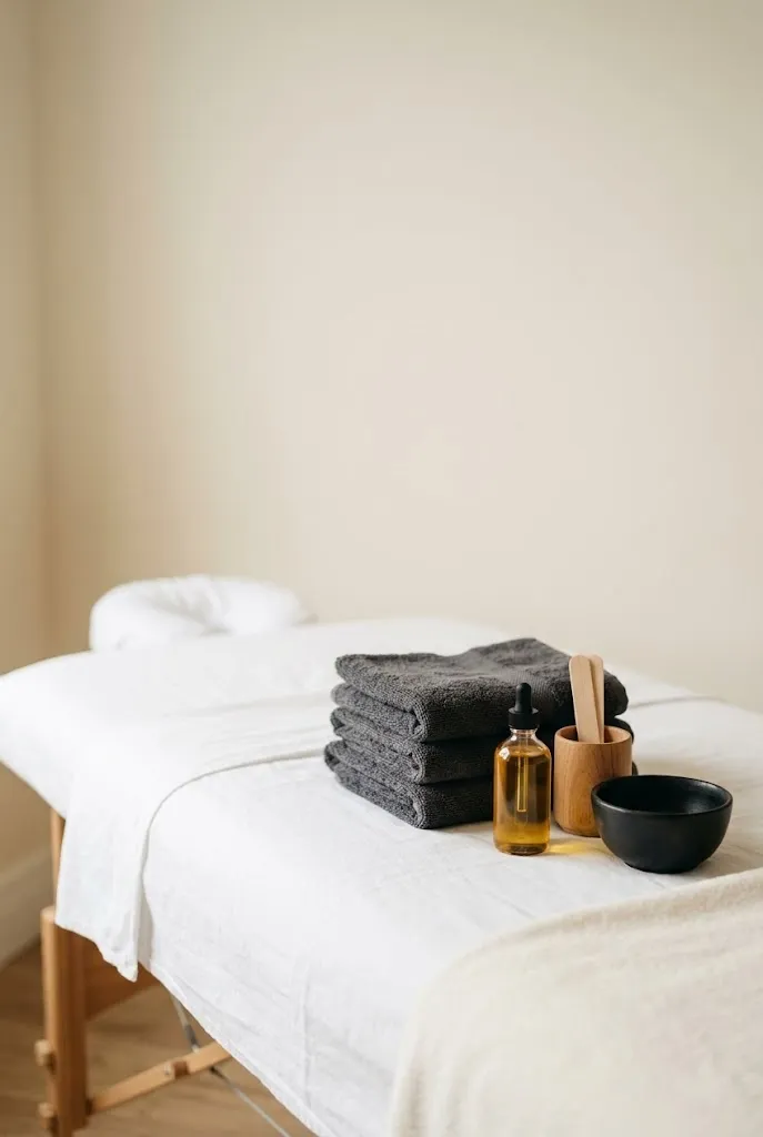 Toalhas cinzento-escuro dobradas numa marquesa com um frasco de óleo de massagem
